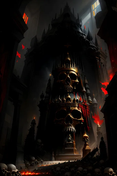 creature00d, indoors, scener, skull, red theme, throne, statue  