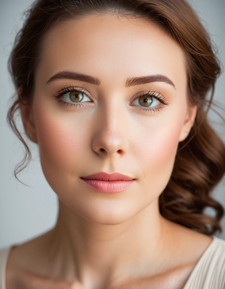 A classic close-up portrait, with soft lighting and a plain background.