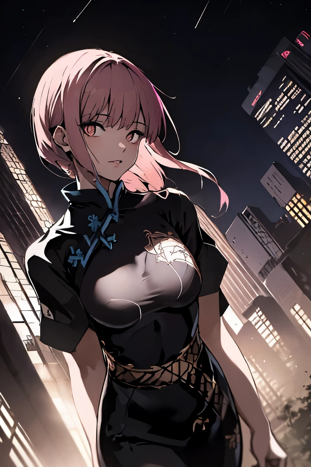 anime, (obra de arte, melhor qualidade, ultra-detalhado, alto contraste), 1 mulher (Sozinho, corpo todo, corpo plus size, standing on the edge of the skyscraper, cabelo prateado, CABELO LONGO E FLUXO, olhos vermelhos brilhantes de rubi, (qipao preto, black cybernetics with neon pink), meias pretas transparentes), (skyscraper roof, com vista para uma cidade, fundo detalhado ((night time, Darkness, low light pollution)))