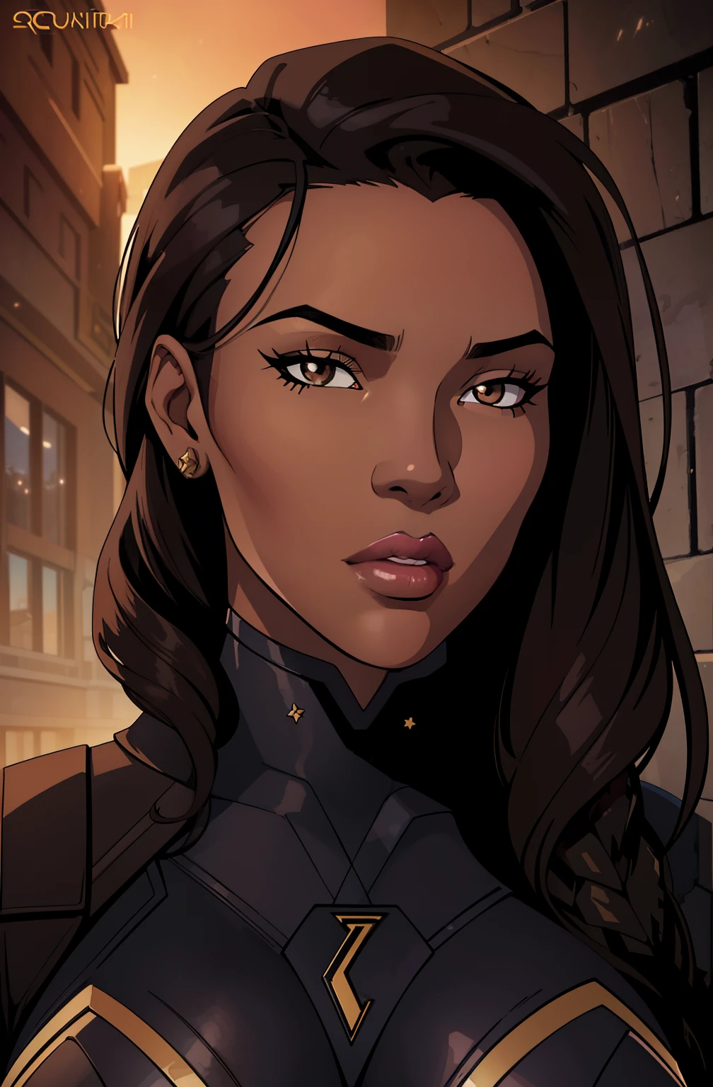 professional, atmospheric lighting, illustration, cover art, (black:1.2), (portrait), splash, beautiful face detailed, hazelnut eyes, (attractive young woman:1.3), (seductive:1.1), bokeh, brown skin, beautiful African-American woman, ((huge lips)), eyelashes, solo, 1 girl, sultry expression, (squint eyes:1:1.3) direct look, contoured