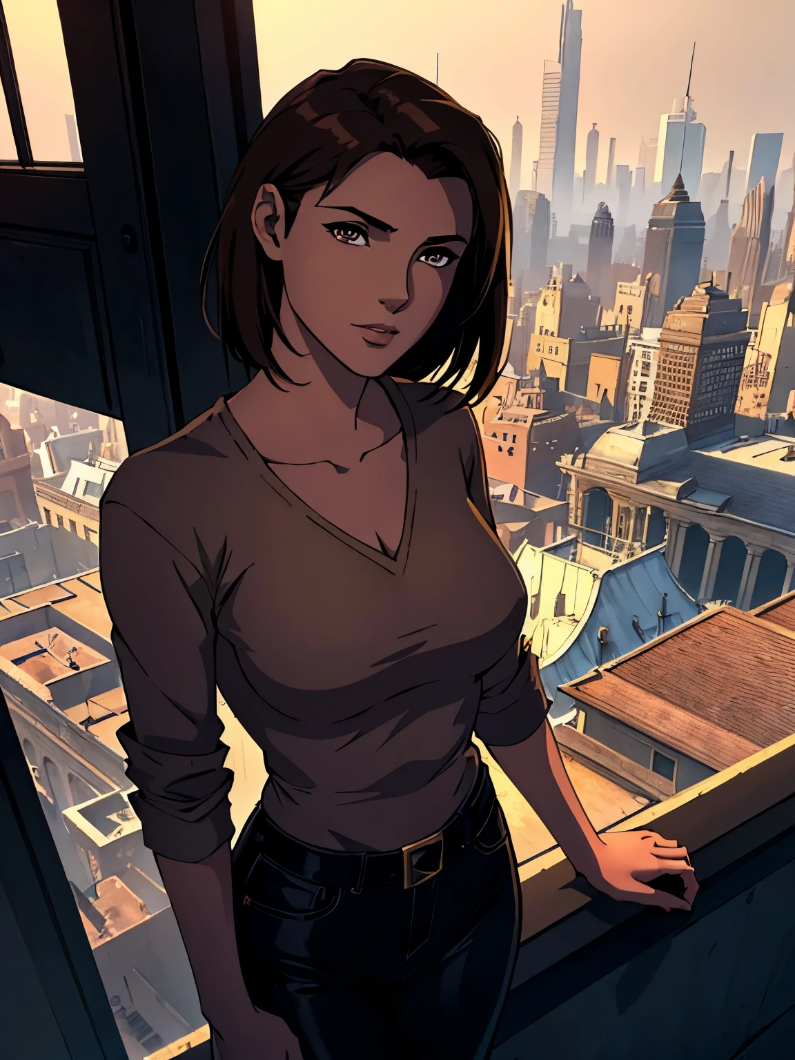 (masterpiece, top quality, best quality, official art, beautiful and aesthetic:1.2), (1girl:1.3), (gorgeous face), age19, short light brown hair, honey colored highlights, hazel eyes, brown eyes, C-cup, slender body, (full body:0.6), detailed background, close up, (airy modern theme:1.1), mysterious, standing on roof top, city skyline, casual clothes, modern, background, dark mysterious lighting, shadows, magical atmosphere, high angle,