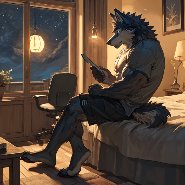 Anthro male wolf, concept art, shorts, sitting, realistic expression, muscular, solo, bedroom, looking at dick, holding head, night ambience