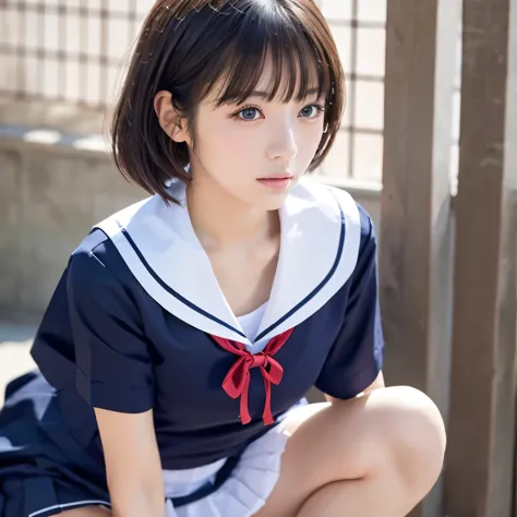 Very detailed美しい顔), Look forward, japanese sailor suit, Great face and eyes, iris,Medium Hair, Black Hair, (Sailor suit, school uniform:1.2), Short sleeve,Smooth, very detailed CG synthesis 8k wallpaper, High-resolution RAW color photos, Professional photo...
