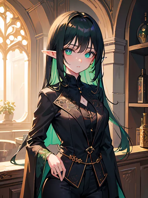 1girl, black medium hair, green eyes, (detailed face), (black formal suit), medieval, (medieval room bakcground), masterrpiece, ...