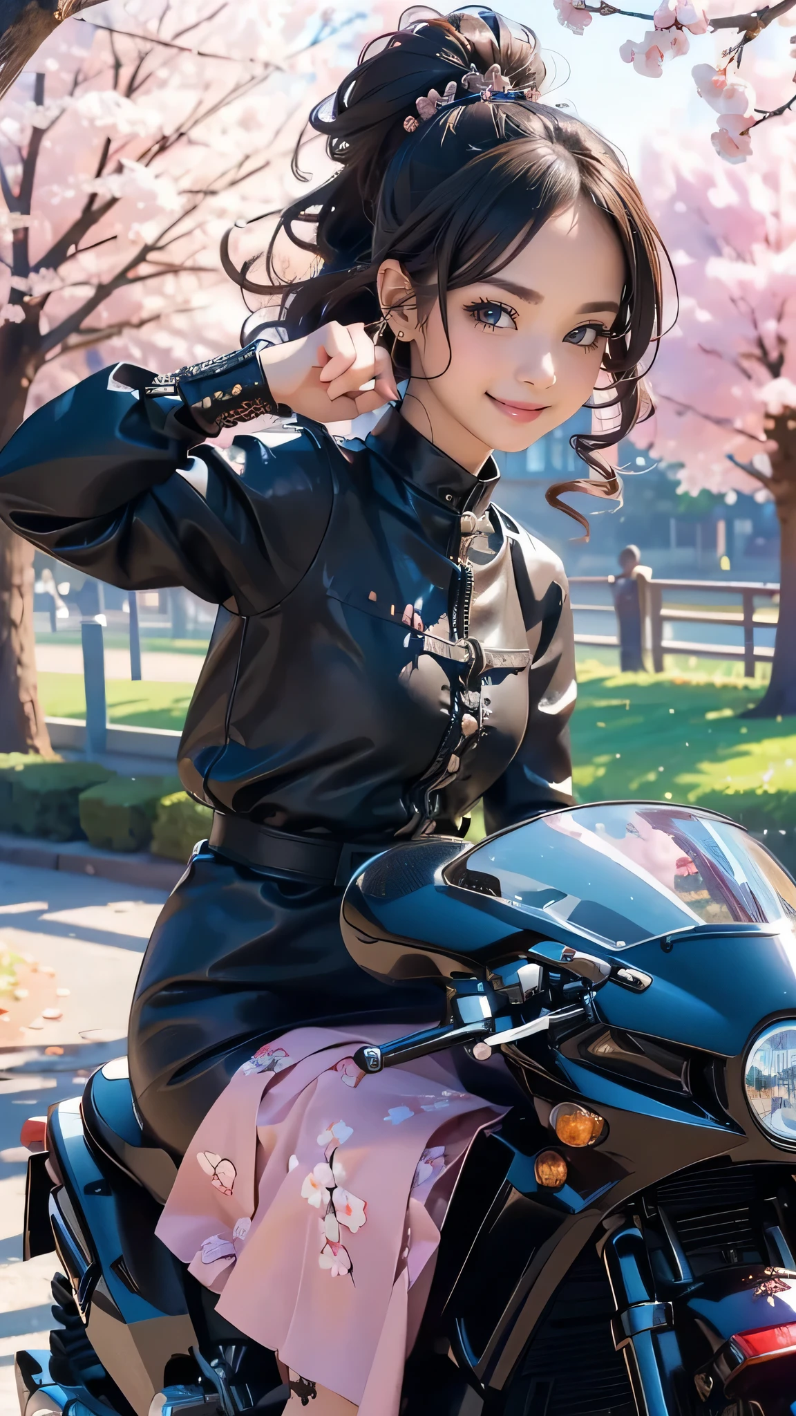 (girl riding a motorcycle:1.2),A park where cherry blossoms dance,gothic lolita dress,(random cute pose),(random hairstyle),(Highest image quality,(8K), Ultra-realistic, Best Quality, High quality, High Definition, high quality texture, high detailing, Beautiful detailed, fine detailed, extremely details CG, Detailed texture, realistic representation of face, masterpiece, presence)