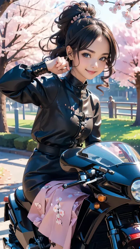 (girl riding a motorcycle:1.2),A park where cherry blossoms dance,gothic lolita dress,(random cute pose),(random hairstyle),(Hig...