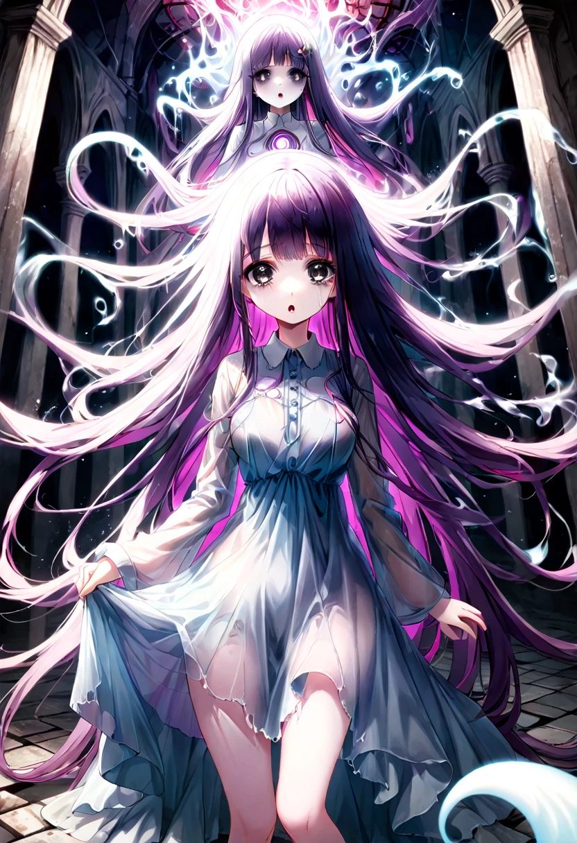 ecchi horror anime, cosmic horror, cinematic, back view, dynamic view, medium far angle, light dark effect, HD quality, cute girl, empty black eyes, pale skin, dark circles, purple lips, slender slim body, long hair, ruined, corrupted nightgown, demonic, ghostly aura, very sexy, intense ecstasy with arms raised in front of an altar in intense flames in a ruined chapel with a mystical portal with huge tentacles rising from it,