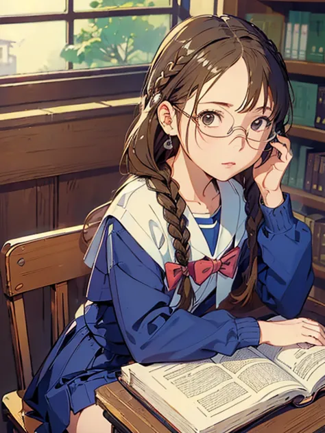 masterpiece、highest quality、Ultra-detailed、One girl，cute，(((Artwork))) ((( end : School Theme : student : at the library ))) (((...