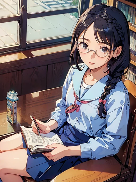 masterpiece、highest quality、Ultra-detailed、One girl，cute，(((Artwork))) ((( end : School Theme : student : at the library ))) ((( Braided hair : Otaku : Wear glasses :  : Sitting : study ))) 
