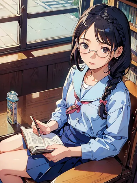 masterpiece、highest quality、Ultra-detailed、One girl，cute，(((Artwork))) ((( end : School Theme : student : at the library ))) (((...