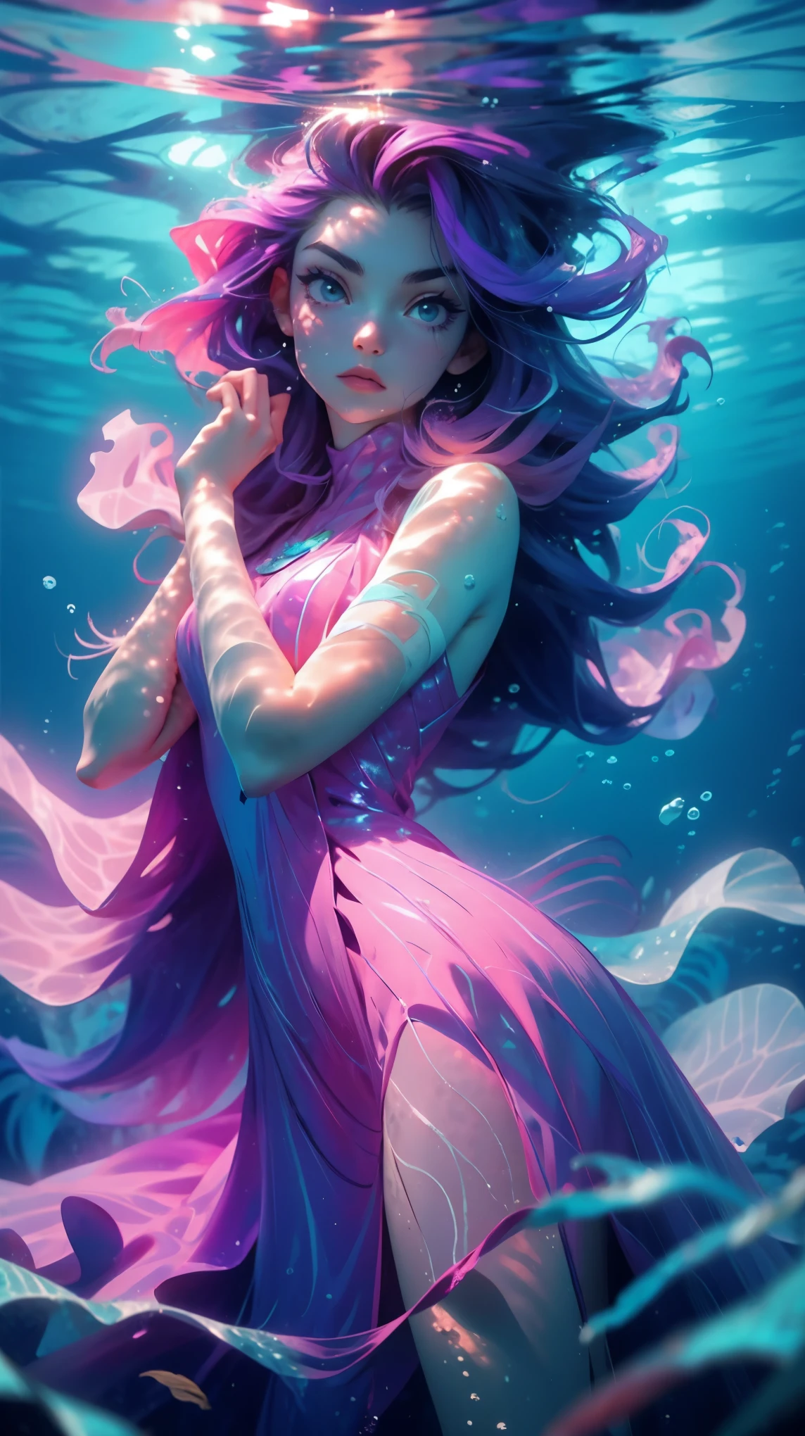 (((underвода))), красивая молодая девушка, длинные фиолетовые волосы, фиолетовое платье, вода, светящаяся медуза