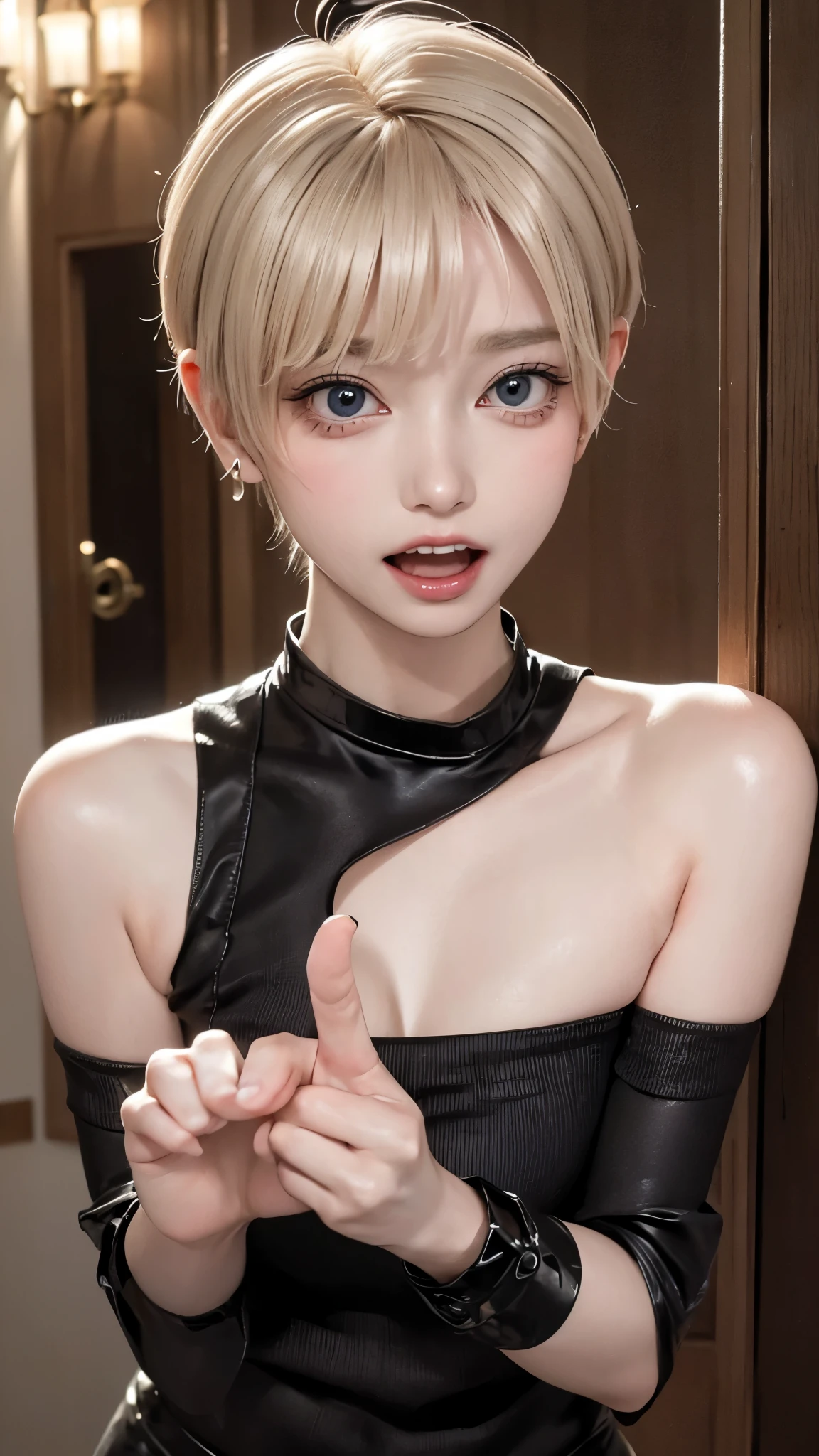 1 Girl、solo、masterpiece,highest quality,High resolution,Very detailed, skinny,Black Choker,Earrings,Big cleavage、Off-the-shoulder tight sweater mini dress,Accurate and detailed human body、

From head to toe、

 Cute pose、(((Open your mouth))), Heavy breathing , (aheghentai face:1.5), 
Blonde pixie short hair、
(((Accurate 5-finger)))、Accurate human body、The perfect human body、((Captivating smile ))、

entrance、From outdoors to indoors、Door with a night view、深night、night、open the door、Detailed Background、(((POV doorway:1.3)))