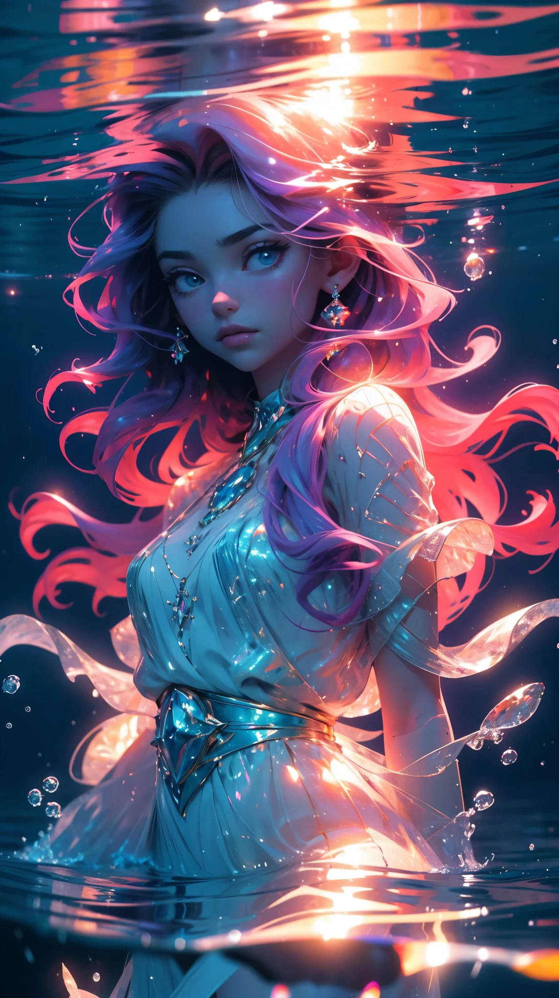 (best quality,4k,highres,masterpiece:1.2),ultra-detailed,(realistic,photorealistic,photo-realistic:1.37), underwater,beautiful young girl,beautiful detailed eyes,beautiful detailed lips,long purple hair,purple dress,water,glowing jellyfish,ethereal,peaceful,submerged,serene,airy,dreamlike,soft lighting,vivid colors,twinkling reflections,gently flowing hair,captivating,relaxing ambiance