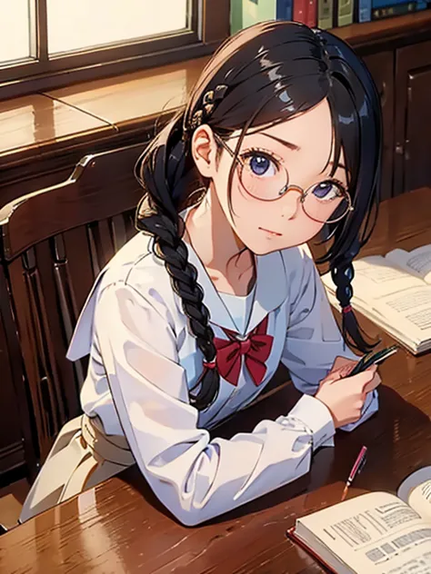 masterpiece、highest quality、Ultra-detailed、One girl，cute，In the school library，Braided hair，Otaku，Glasses，Sitting，study，