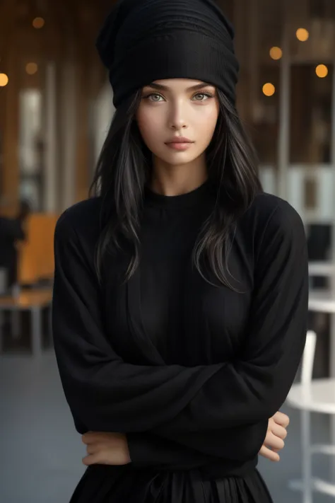 bellissima, Armani style, looking at viewer, shirt, long sleeves, hat, brown eyes, closed mouth, upper body, black eyes, black shirt, black headwear, crossed arms, realistic, beanie