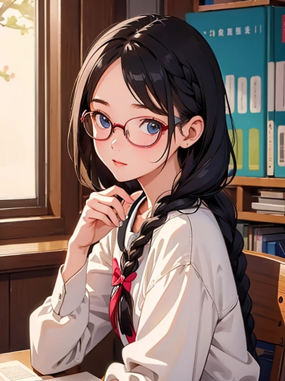 masterpiece、highest quality、Ultra-detailed、One girl，middle School girls，cute，In the school library，Braided hair，Otaku，Glasses，Sitting，study，