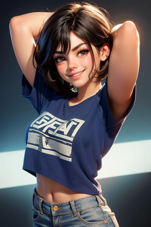 (mejor calidad, Obra maestra), 1 twenty year old woman, arms up hands behind the head, sonrisa, Laugh, Huge Oversized T-shirt, bermudas, corte de pelo pixie oscuro, pecas, rubor, mirando al espectador, cursi, ojos seductores...