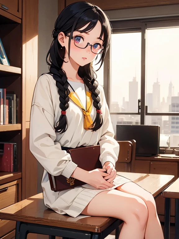 masterpiece、highest quality、Ultra-detailed、One girl，middle School girls，cute，Kind eyes，In the school library，Braided hair，Otaku，Glasses，Sitting，study，