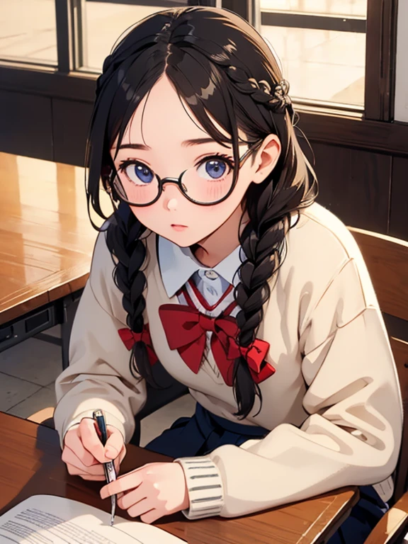 masterpiece、highest quality、Ultra-detailed、One girl，middle School girls，cute，Kind eyes，In the school library，Braided hair，Otaku，Glasses，Sitting，study，