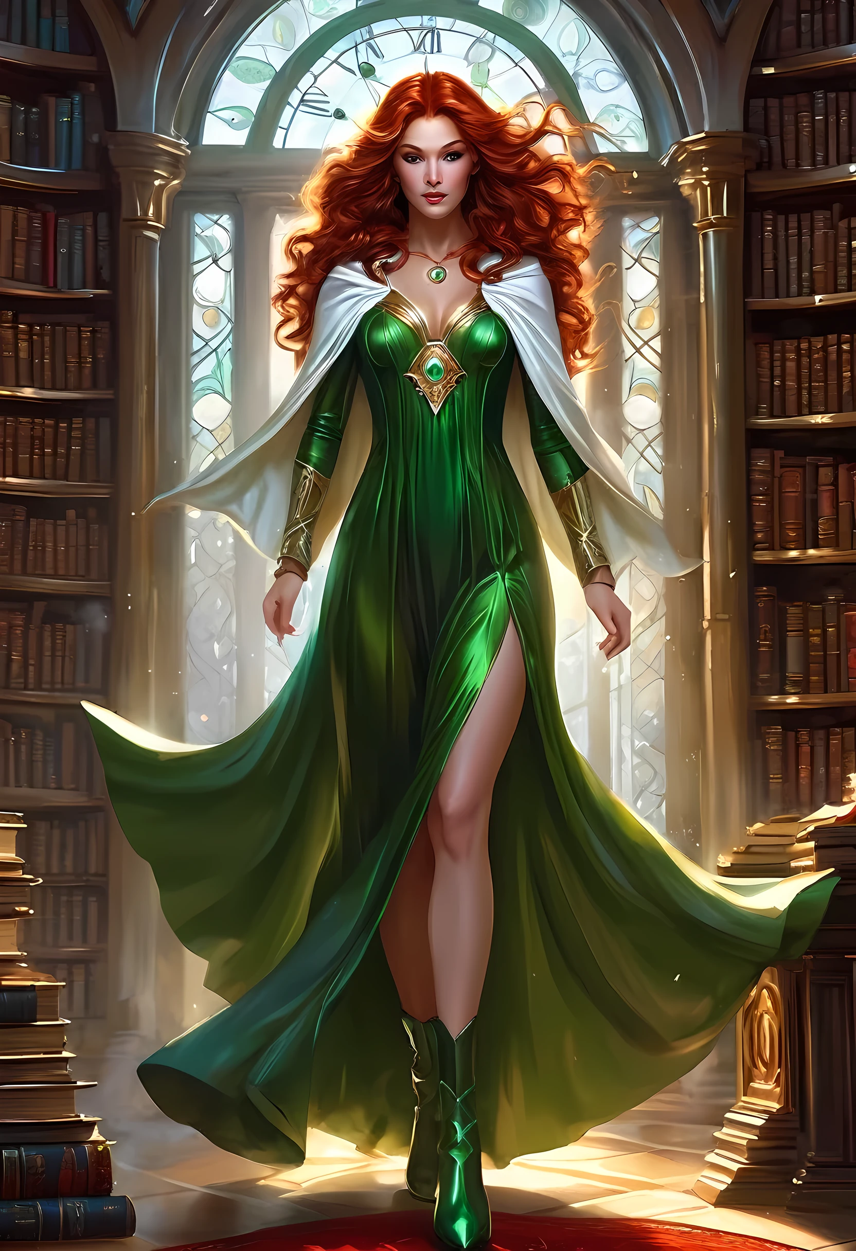 high details, best quality, 16k, [ultra detailed], masterpiece, best quality, (extremely detailed), full body, ultra wide shot, julie bell style (ultra details, Masterpiece, best quality), fantasy art, dnd art,fantasy art, realistic art, a sorceress casting a ChronomancyAI spell in magical library (ultra details, Masterpiece, best quality), exquisite beautiful human woman (ultra details, Masterpiece, best quality), red hair, long hair, (long green dress: 1.2), (white cloak: 1.3), high heeled boots (ultra details, Masterpiece, best quality) ChronomancyAI