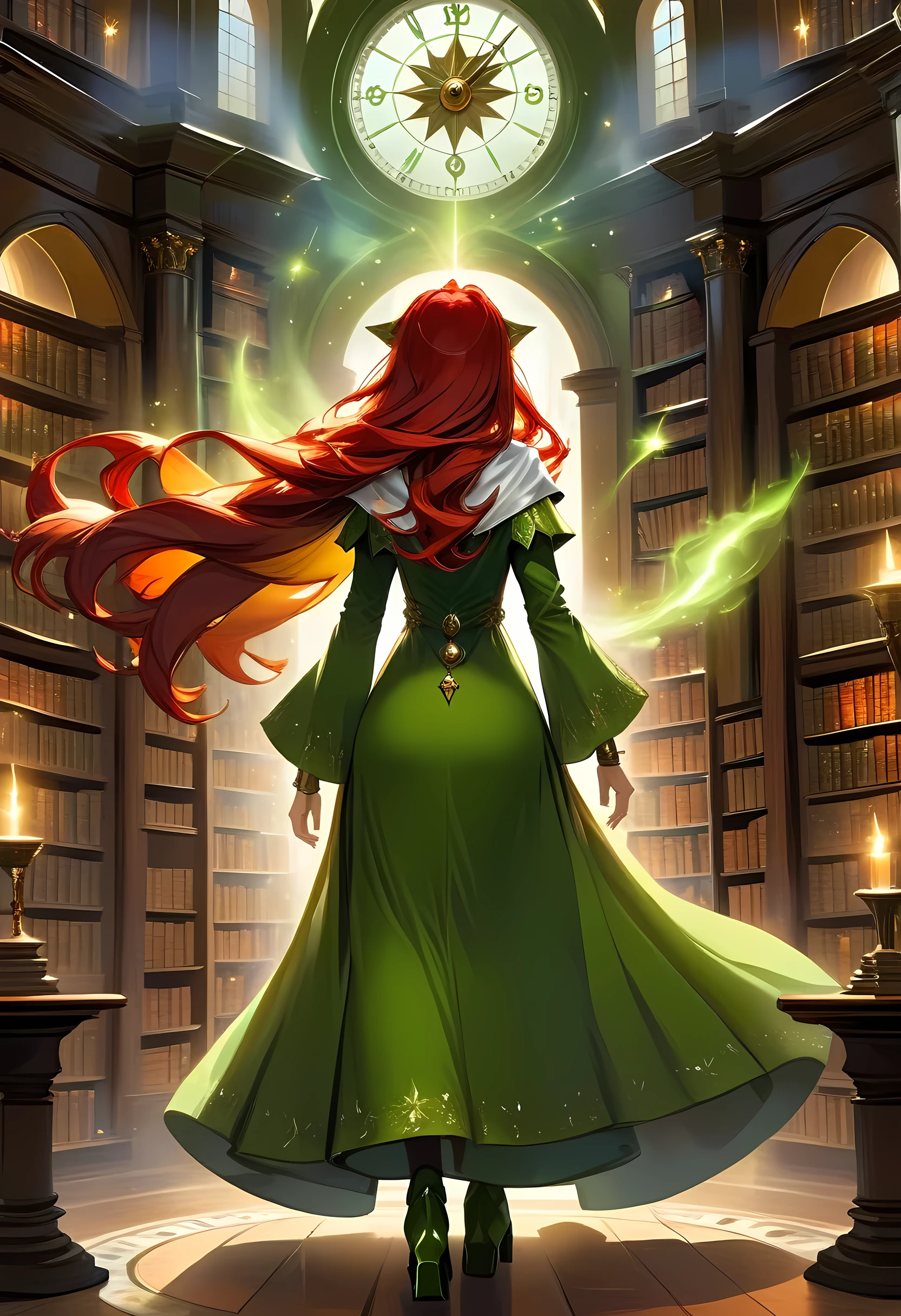 high details, best quality, 16k, [ultra detailed], masterpiece, best quality, (extremely detailed), full body, ultra wide shot, julie bell style (ultra details, Masterpiece, best quality), fantasy art, dnd art,fantasy art, realistic art, a sorceress casting a ChronomancyAI spell in magical library (ultra details, Masterpiece, best quality), exquisite beautiful human woman (ultra details, Masterpiece, best quality), red hair, long hair, (long green dress: 1.2), (white cloak: 1.3), high heeled boots (ultra details, Masterpiece, best quality) ChronomancyAI