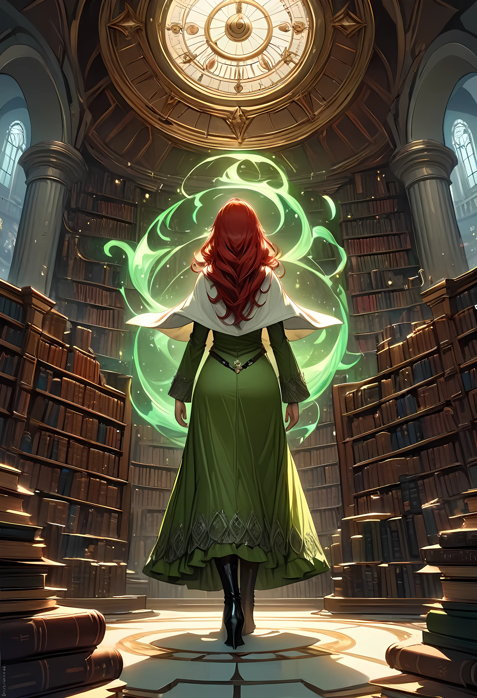 high details, best quality, 16k, [ultra detailed], masterpiece, best quality, (extremely detailed), full body, ultra wide shot, julie bell style (ultra details, Masterpiece, best quality), fantasy art, dnd art,fantasy art, realistic art, a sorceress casting a ChronomancyAI spell in magical library (ultra details, Masterpiece, best quality), exquisite beautiful human woman (ultra details, Masterpiece, best quality), red hair, long hair, (long green dress: 1.2), (white cloak: 1.3), high heeled boots (ultra details, Masterpiece, best quality) ChronomancyAI