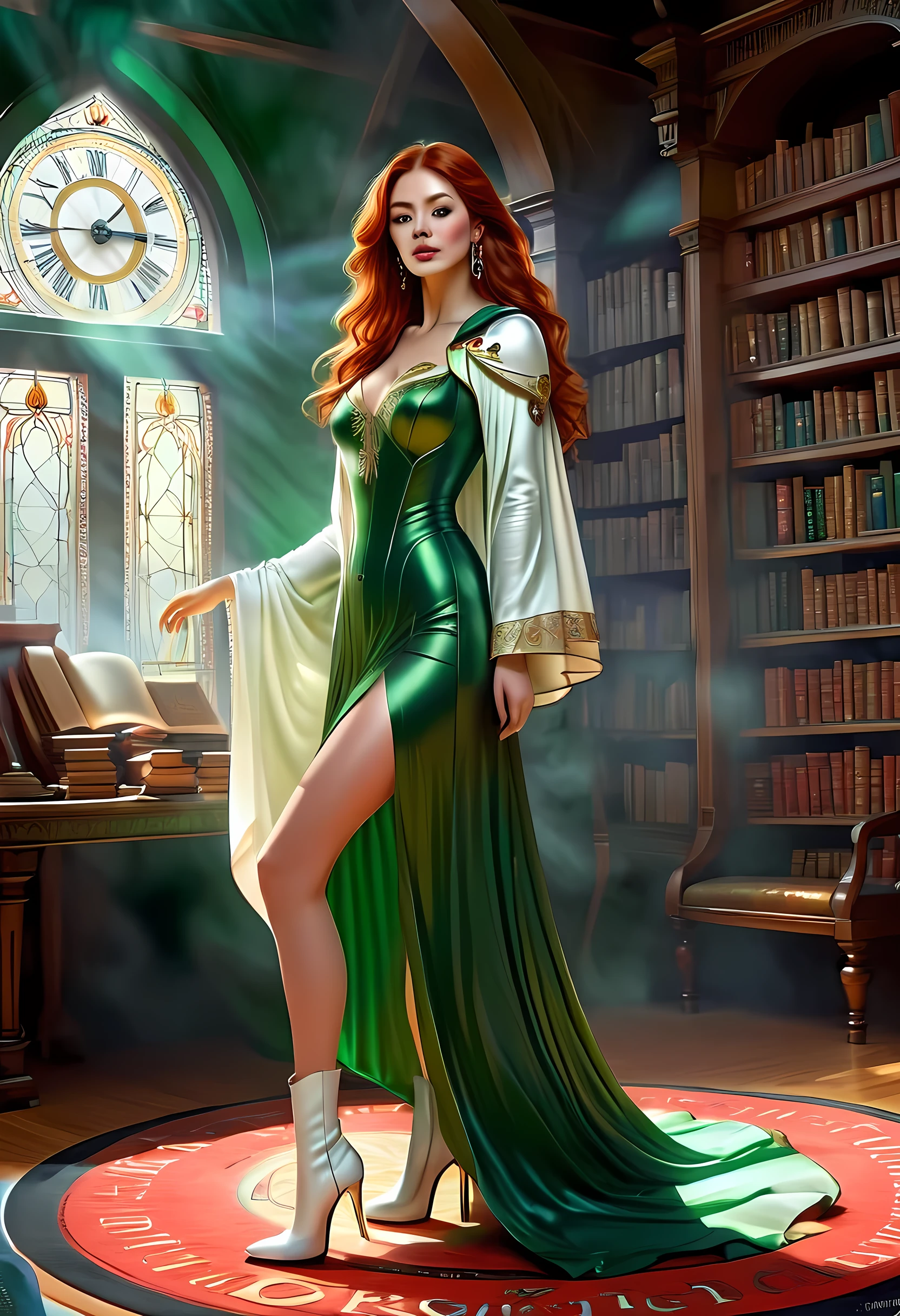 high details, best quality, 16k, [ultra detailed], masterpiece, best quality, (extremely detailed), full body, ultra wide shot, julie bell style (ultra details, Masterpiece, best quality), fantasy art, dnd art,fantasy art, realistic art, a sorceress casting a ChronomancyAI spell in magical library (ultra details, Masterpiece, best quality), exquisite beautiful human woman (ultra details, Masterpiece, best quality), red hair, long hair, (long green dress: 1.2), (white cloak: 1.3), high heeled boots (ultra details, Masterpiece, best quality) ChronomancyAI