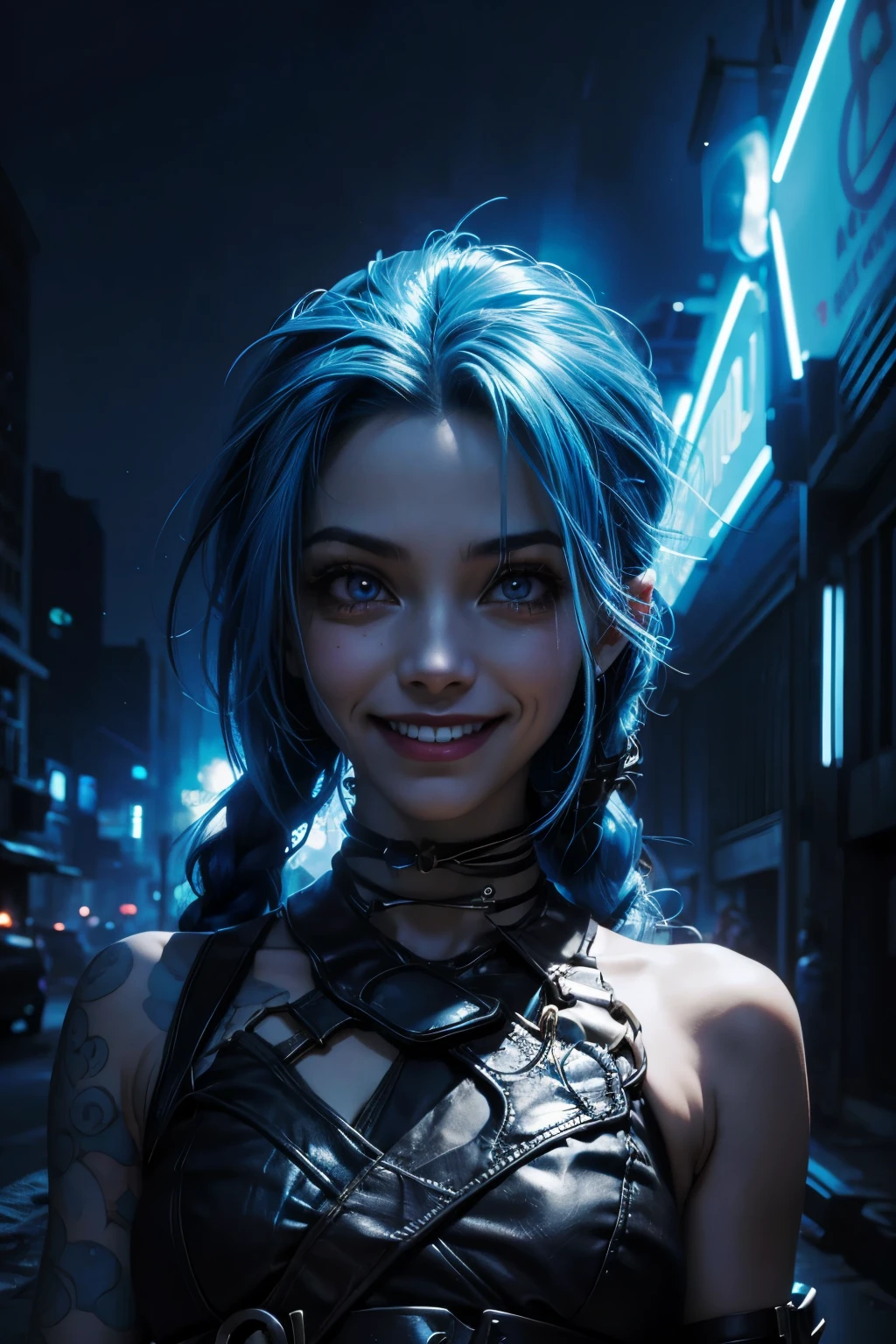 Jinx sonrisa de loca. Ciudad oscura, atmosphere with blue lights destroyed environment woman with sad face with crazy smile