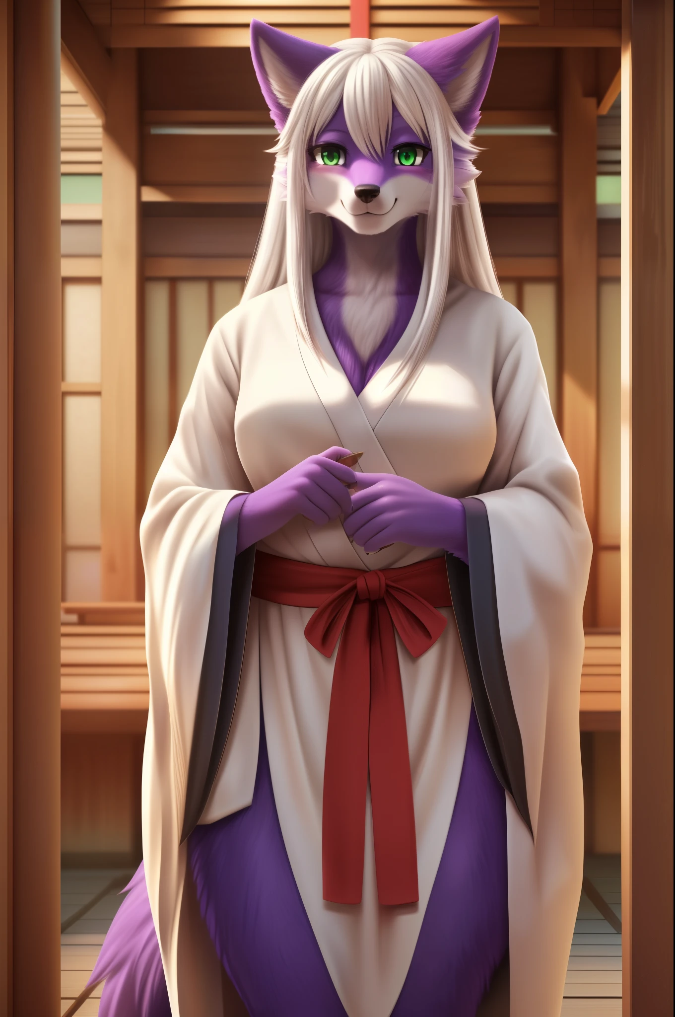 (sfw, 8K, Masterpiece, high resolution, super fine illustration, detailed background:1.5), (calm, mature:1.5), beautiful, fluffy, perfect anatomy, (solo, green eyes, 1 female wolf kemono, purple fur:1.25), (full body, tall:1.25), (white hair, long hair:1.25), (Japanese shrine maiden kimono), (at Japanese shrine), slender, smile, looking at viewer, welcoming