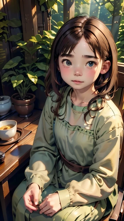 highest quality、Best image quality、Ultra-high resolution、Very detailed、８ｋ、Portraiture、Miniature photo style、One Girl、Focus on the girl、Brown Hair、Shortcuts、Foliage plant、succulent plants、Beautifully laid out、Perfectly Blurred Background、Well-coordinated room、Sit on a chair、Miniature、Blurred Background、