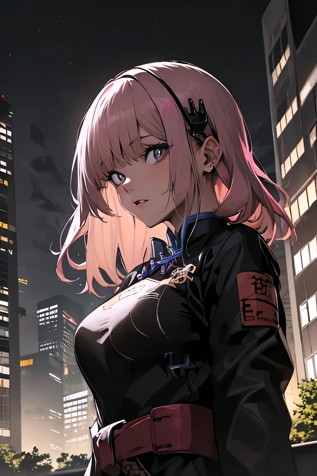 anime, (obra de arte, melhor qualidade, ultra-detalhado, alto contraste), 1 mulher (Sozinho, corpo todo, corpo plus size, standing on the edge of the skyscraper, cabelo prateado, LONGO Em um rabo de cavalo, olhos vermelhos brilhantes de rubi, (qipao preto, black cybernetics with neon pink), meias pretas transparentes), (skyscraper roof, com vista para uma cidade, fundo detalhado ((night time, Darkness, low light pollution)))