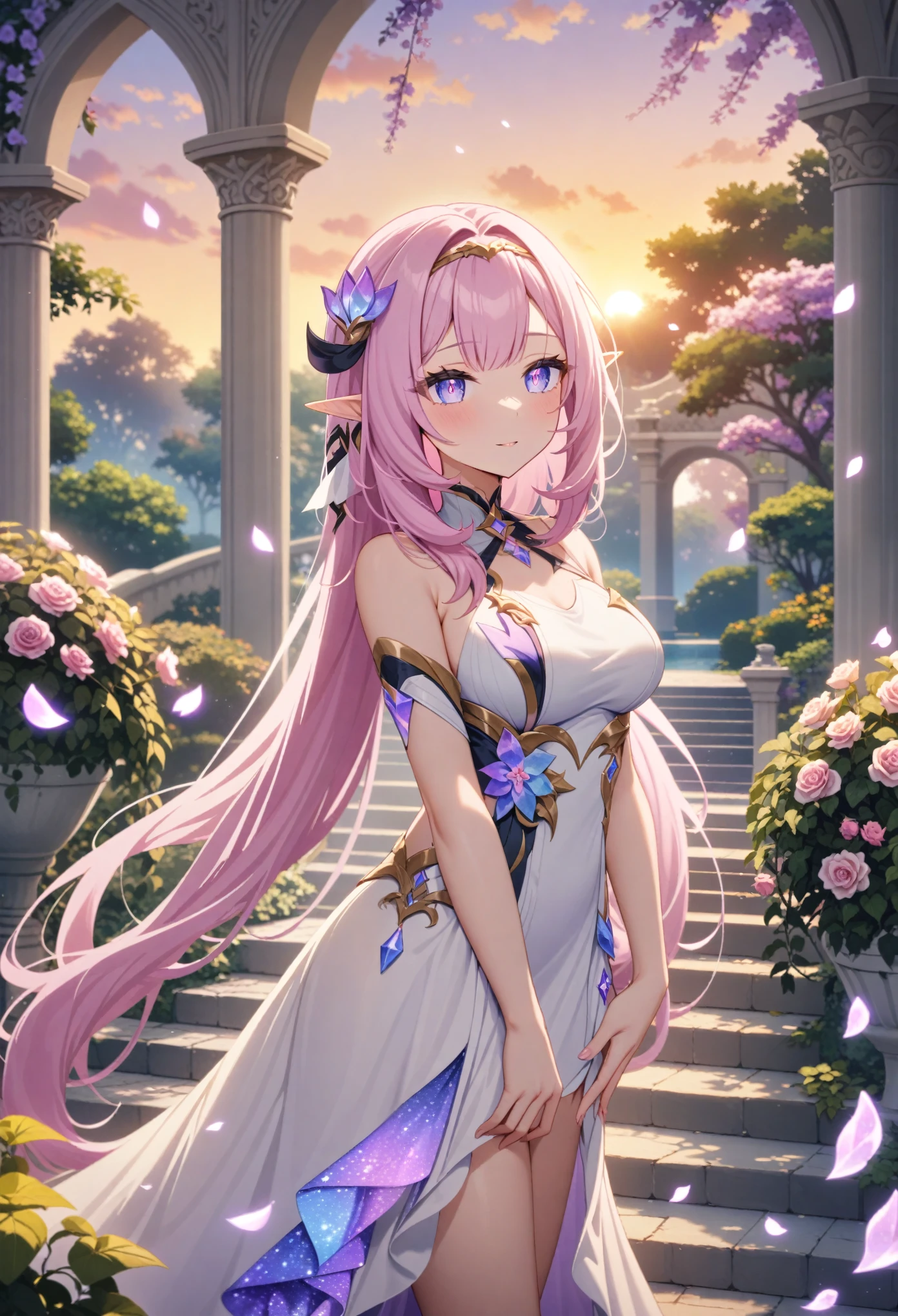 Masterpiece,very aesthetic,absurdres, newest, 1girl,elysia,solo,wearing white sleeveless wrap gown,very long pink hair,light purple eyes,pointed ears 
BREAK 
Dreamy outdoor scene of a beautiful garden with trailing ivy and stairs and trees,royal garden background,beautiful intricate anime scenery,peaceful pond with floating light particles,((stunning sunrise backdrop)),gorgeous fantasy aesthetic, 
BREAK 
elysian realm,iridescent crystal roses,floating petals
