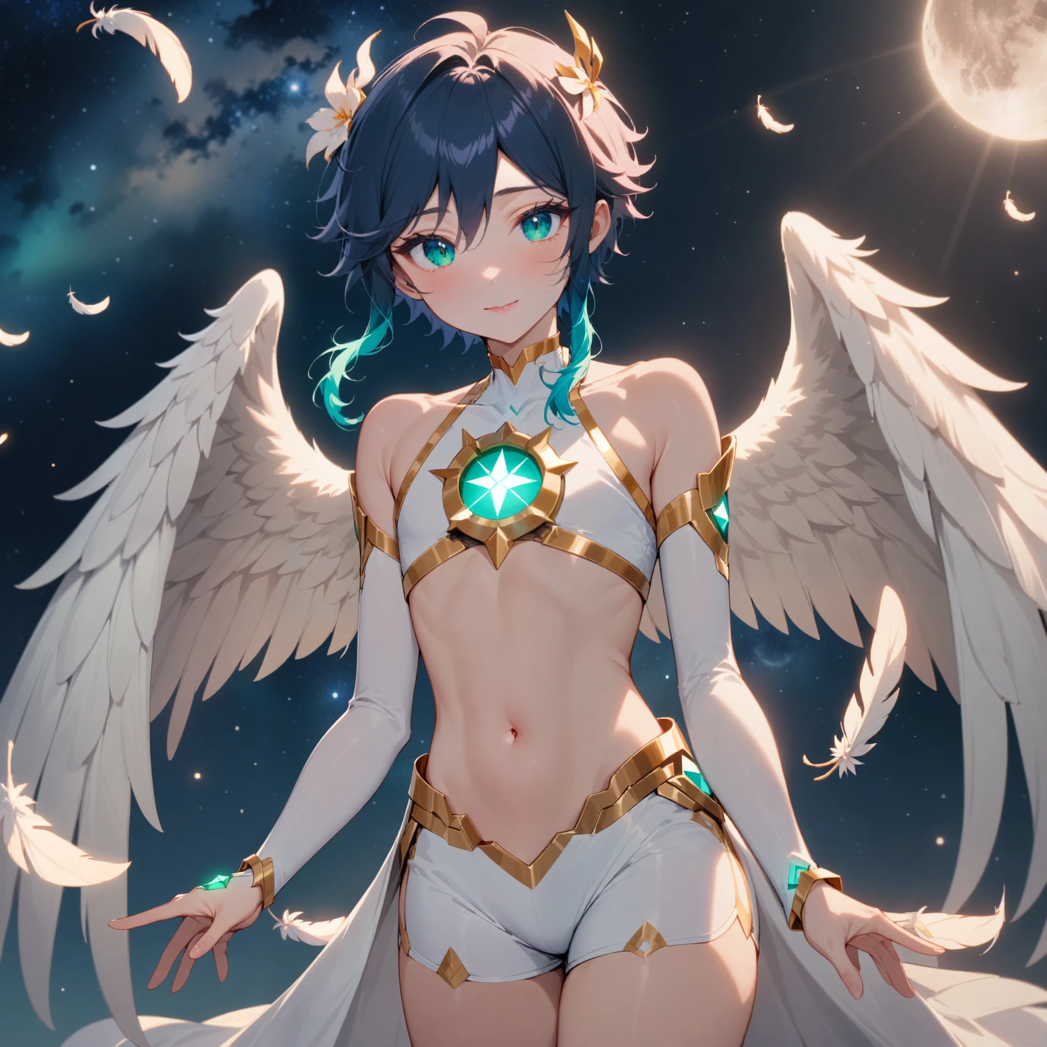 masterpiece,best quality,very aesthetic,absurdres,1boy,venti_/(archon/)_/(genshin_impact/),male_focus,detailed_eyes,(gnns:0.25),white feathered_wings,white halter_top,white shorts,hair_flower,midriff,black blue hair gradient,dsmile,((flat chest)),starry_sky,moon,starry_sky_print,((green eyes)),slender,feathers,divine,detailed_eyes,long_eyelashes,pink_lips,glossy lips,narrow_waist,wide_hips,seductive,flirtatious,iridescent volumetric light, god rays, heavenly,cosmic,celestial,