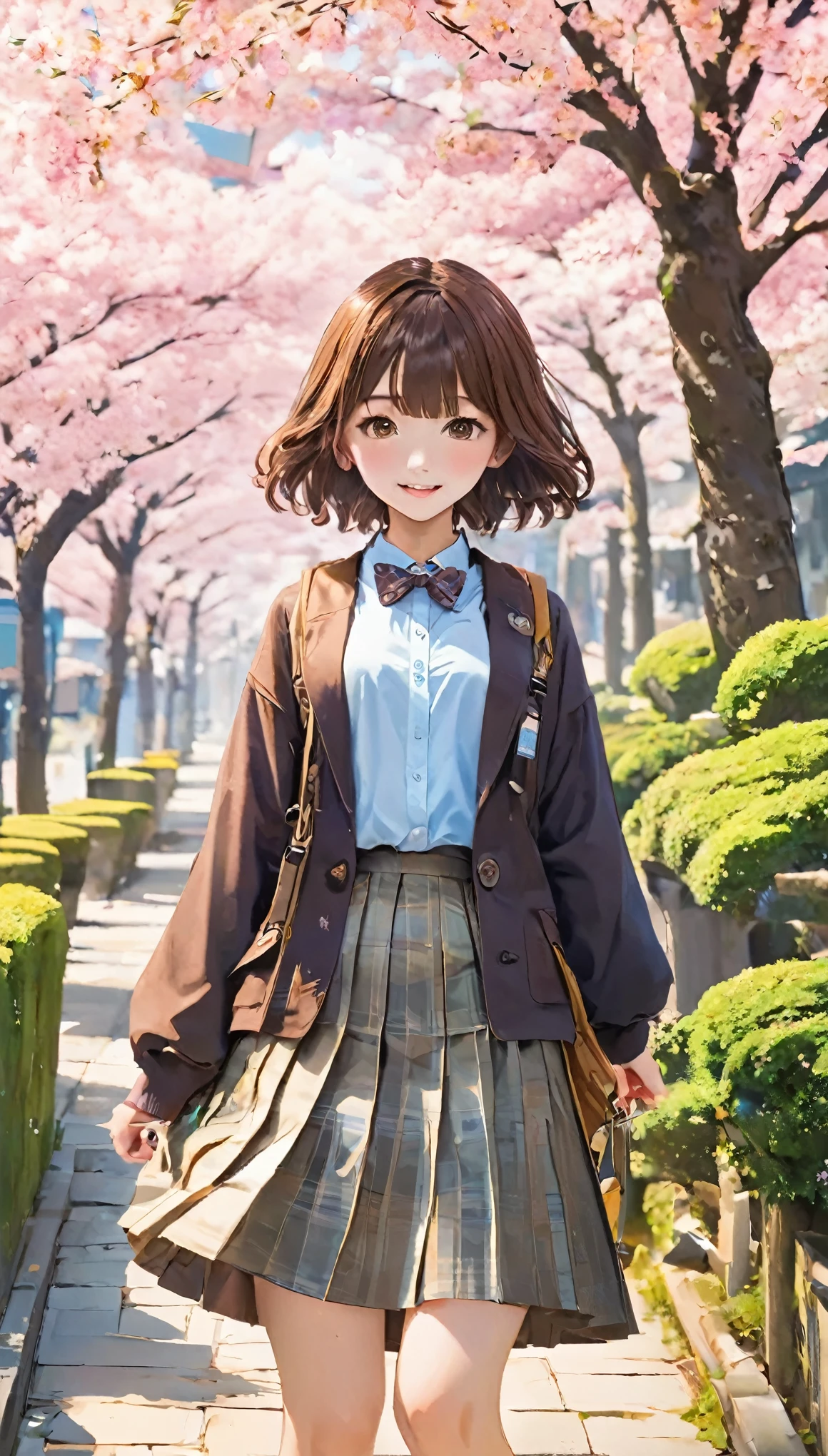 highest quality,Tabletop,Anime Style,Perfect Anatomy,独奏,Skirt, bag, Outdoor, Jacket, Are standing, socks, shoes, Looking at the audience, Brown footwear, , Plaid, loafers, blazer, Brown haired, Plaid skirt, Black shoes, Long sleeve, Bans, Open your clothes, Open Jacket, bow, Brown eyes, Pleated skirt, A bow tie, day, Hair length, Whole Body Ezbian, Bush, Red Bow, knee height, shirt, Mouth closed, Sleeves are longer than the wrist, backsack, put your hand on your face, 赤いA bow tie, Black jacket, School bag, blush, plant, Brown Skirt, Put your hand on your cheek, Blurred, From the side, Raise your hands, Look to the side, Collared shirt, mini skirt, White shirt, cardigan, Grass is overgrown, sweater, A light smile,Long Shot, (Low angle), (top down), Realistic scale,Significant shrinkage:1.5、Photo Real、Super Detail, Realistic, ultra-realistic, Realistic rendering,Outdoor,Sakura Blooming Street,Professional Photographer