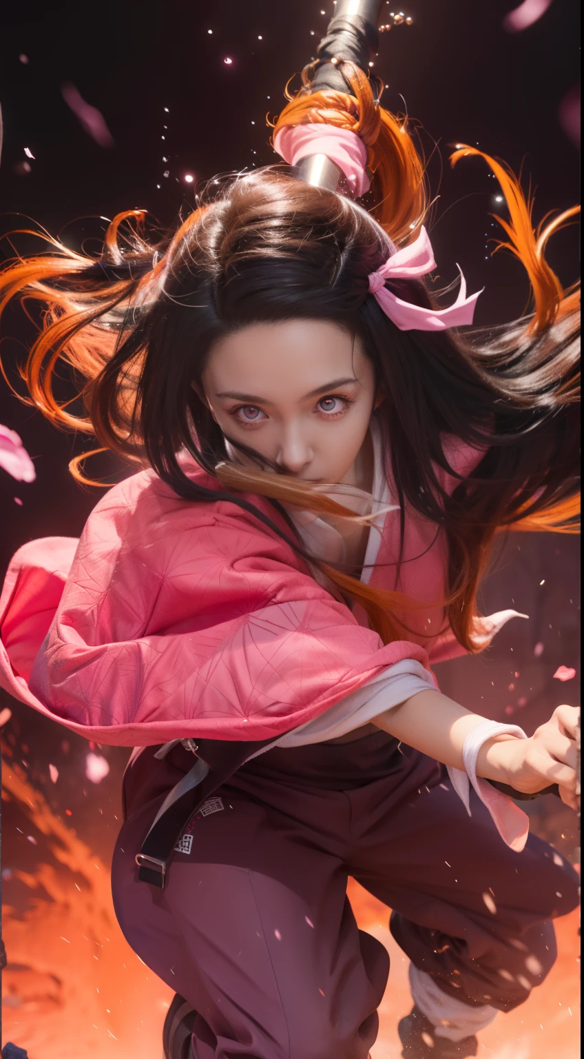 a girl in a pink outfit is holding a sword in her hand, nezuko, nezuko-chan, demon slayer rui fanart, demon slayer artstyle, official anime artwork, official art, official artwork, demon slayer, ayaka genshin impact, tanjiro kamado, kimetsu no yaiba, anime cover, high detailed official artwork, Sasuke, Art, Cinematic, style , anime, beautifful, action, modern, blue eye, hair