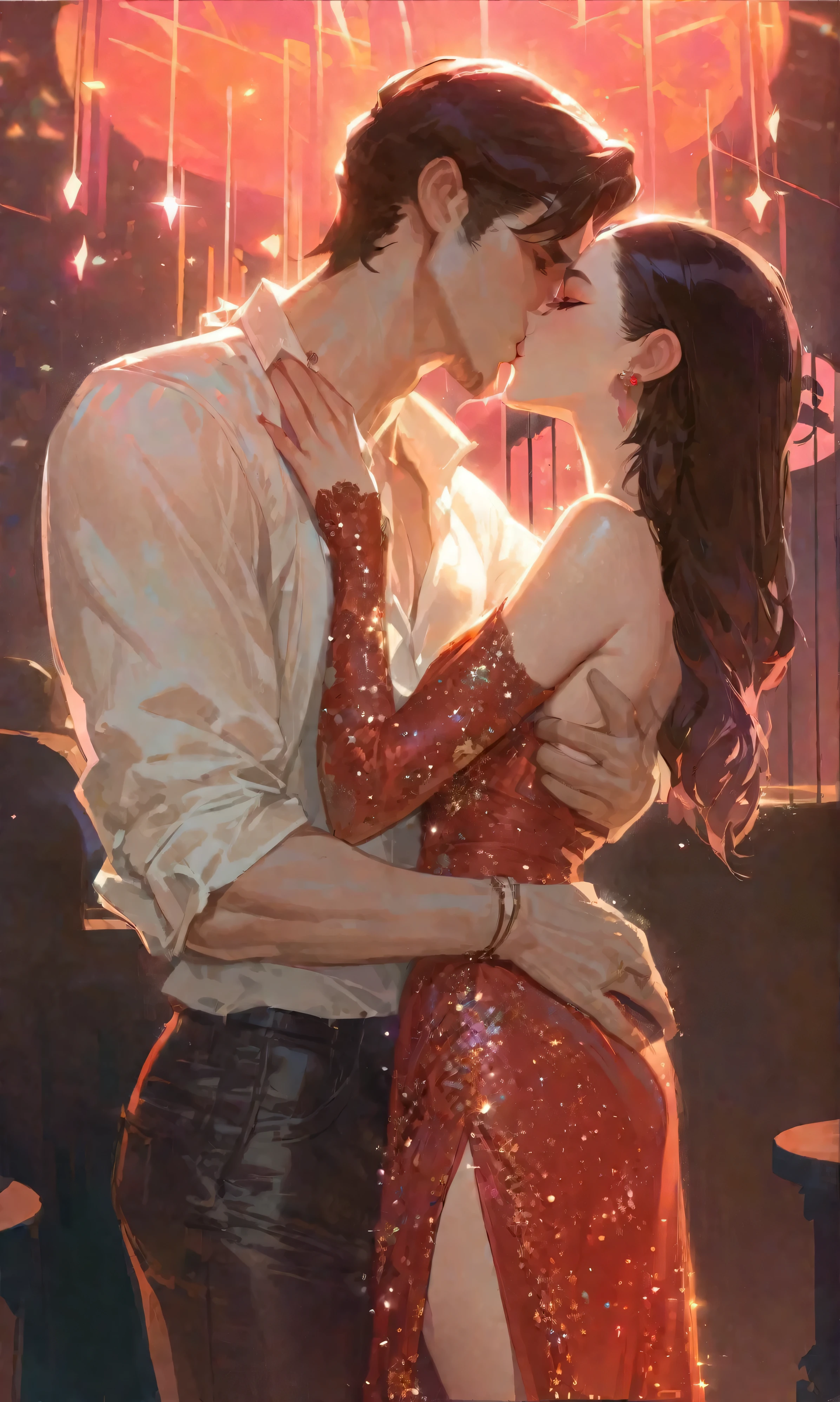 Un hombre besa a una chica, A man with dark hair, Con una camisa blanca de seda, pantalones oscuros, una chica con cabello oscuro, usando un vestido rojo con brillo, estación de arte hd, Pintura detallada, Arte conceptual, obra maestra, mejor calidad, ultra-detallado, ilustración, anime Estético, sociedadcg, Arte De Fantasía, estación de arte hd, sociedadcg, Estéticoism, Estético