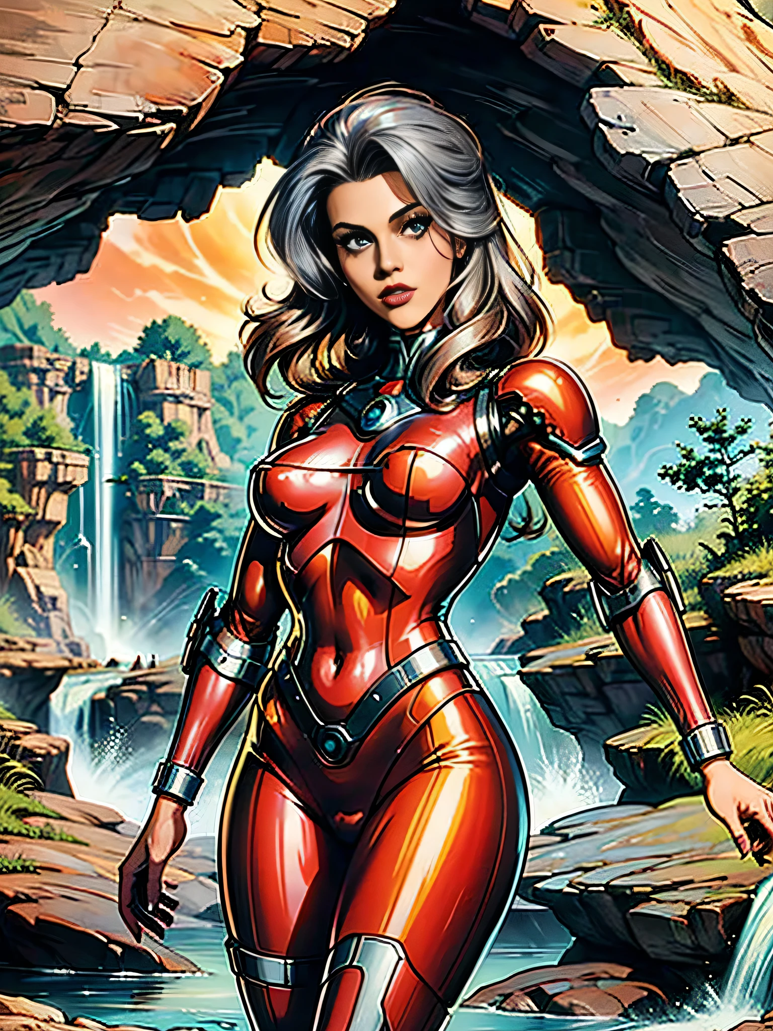 Masterpiece, ultra detailed, best quality, intrincated textures, !(arafed woman in a silver and red outfit standing in front of a waterfall, barbarella, as a retro futuristic heroine, as a retrofuturistic heroine, 1 9 7 0's sci - fi movie, 1 9 7 0 s sci - fi, movie still of aztec cyborg, retro sci - fi movie)