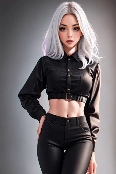 Best quality, masterpiece, a high resolution, 1 young black woman, dressed in black choir pants and jacket,red blouse,White hair...