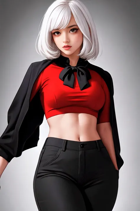 Best quality, masterpiece, a high resolution, 1 young black woman, dressed in black choir pants and jacket,red blouse,White hair...