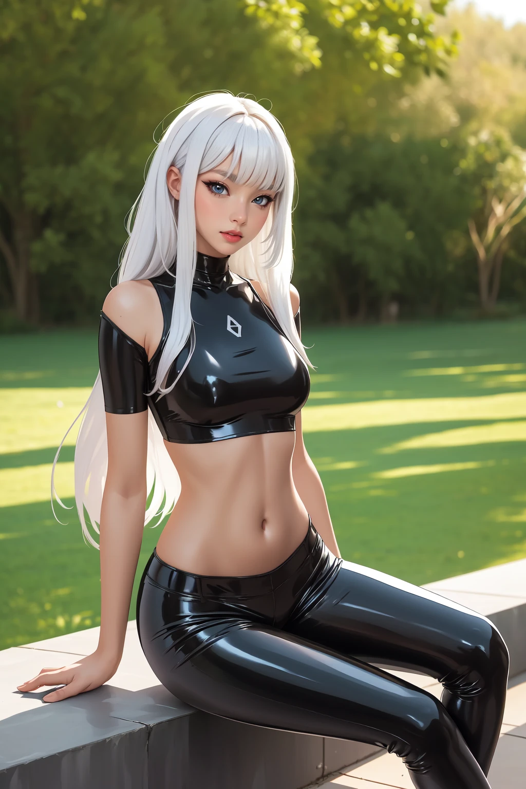 (piece of art:1.0), (better_quality:1.0), standing at attention, I look at the viewer, 8K, 1 girl, One, Anime character girl with long white hair wearing clothes (black latex shirt:1.2), (latex pants), skin, clavicle, latex, bright, navel,(black latex shirt:1.2), (latex pants), skin, clavicle, latex, bright, navel,, Beautiful , in the middle of the yard, Sitting with legs spread, open crotch