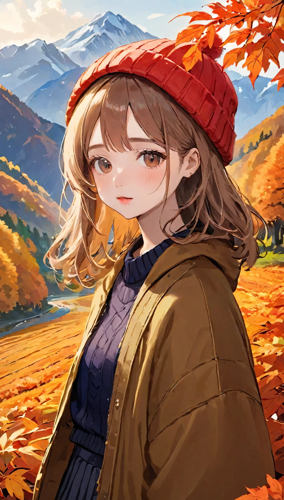hair、RAW Photos、Photorealistic:1.25)、18-year-old、(Lip gloss、light makeup、Bomber Head、Dread Palm)、UNIQLO、Long skirt、knit、Pom pom knit hat、Outdoor、Mountains of autumn leaves々、Selfie