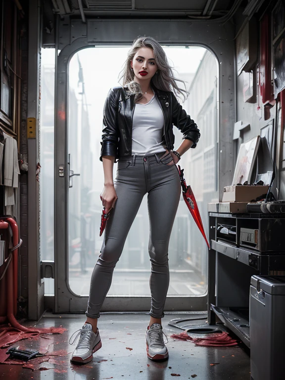 (Sci-fi fantasy), (masterpiece), (Professional Oil Painting) (highest quality), (8k resolution), (1 beautiful girl), ((Pale grey skin)), (Iron grey skin), ((Black Jeans )),(Wine Red Leather Jacket)), ((White t-shirt underneath), ((Red lipstick)), ((Black sneakers)), (Concept Art), Small box, (Long Hair), (Messy Hair), (Gray Hair), (Iron-gray hair), ((With futuristic weapons)),