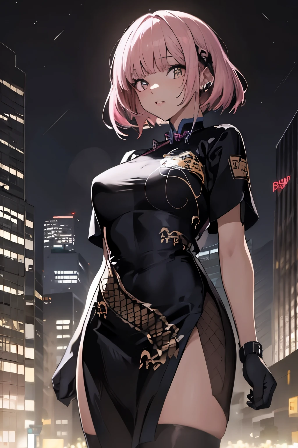 anime, (obra de arte, melhor qualidade, ultra-detalhado, alto contraste), 1 mulher (Sozinho, corpo todo, corpo plus size, standing on the edge of the skyscraper, cabelo prateado, LONGO Em um rabo de cavalo, olhos vermelhos brilhantes de rubi, (qipao preto, black cybernetics with neon pink), meias pretas transparentes), (skyscraper roof, com vista para uma cidade, fundo detalhado ((night time, Darkness, low light pollution)))