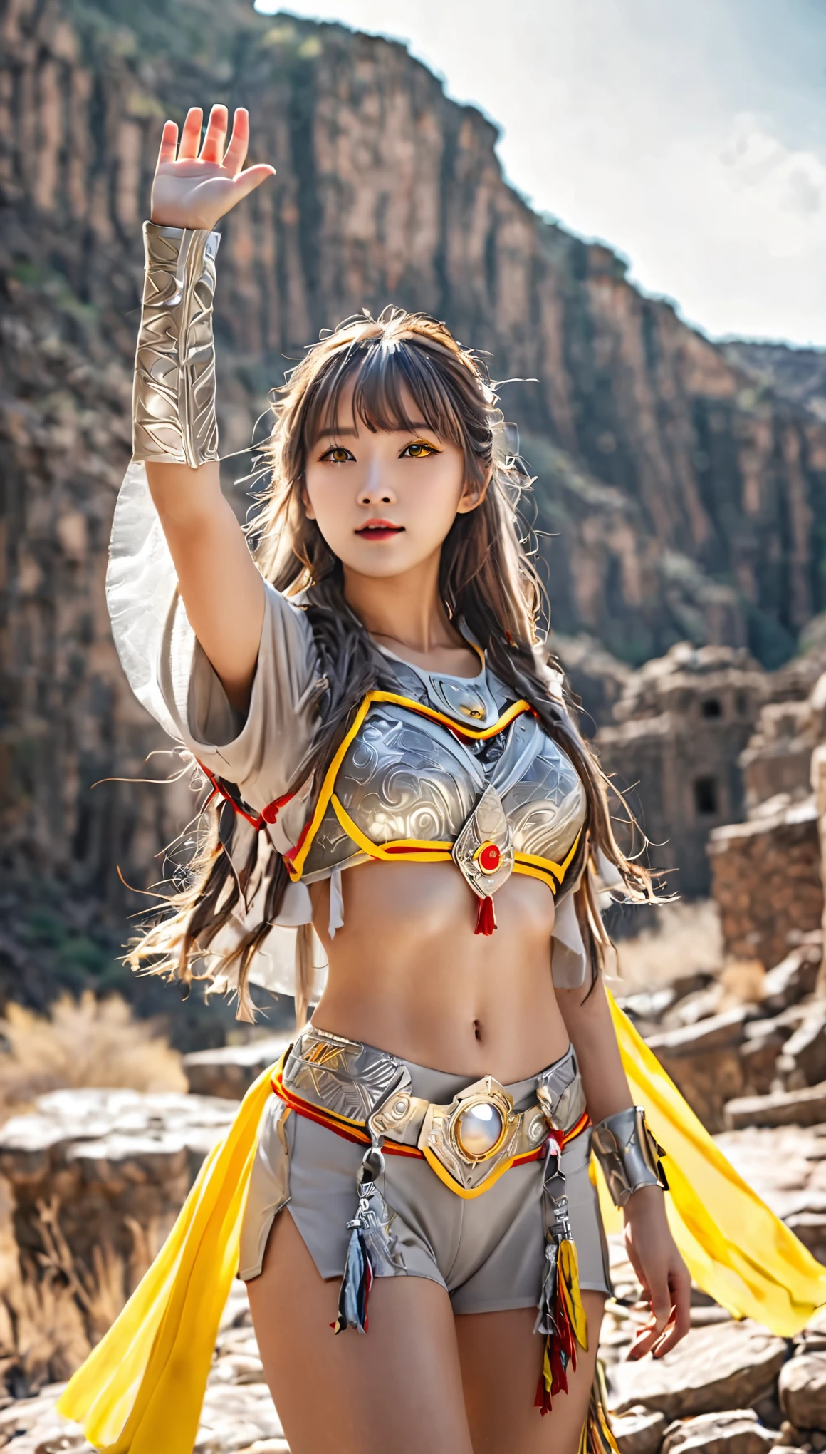 Bright Shot:1.3)A lone girl raider dressed in a spectacular realistic costume、Standing triumphantly with one hand raised、Her yellow eyes shine in the soft film light。Light grey non-transparent short sleeve top、It features an intricate design and transparent fabric at the waist.、You can see the red string strap.。Her long wavy hair cascading down her back、Fluttering in the wind。Aesthetically speaking、The scene is set in a wasteland and a canyon.、In the background there are ruins and n ruins。Bright shots、Adobe Lightroom、HDR、and enhanced using darkroom techniques、Increasing complexity