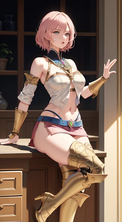 High Kick,(Golden Ratio,Tabletop, highest quality, highest quality, beautifully、aesthetic:1.2), Very detailed, colorful,Best details,An illustration, Fantastic scene, (adult,19 years old,One Girl, alone, Final Fantasy 12,Asheria, short hair, short hair,Asheria Costume, huge , mini skirt,Thigh-high boots, Thighs Thighs Thighs Thighs, gem,A look of contempt、Pink nipples、