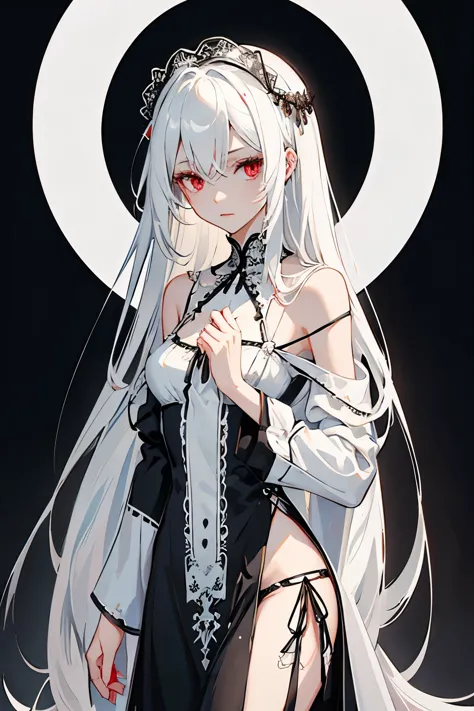Character design, female, long black hair, white hair strands distributed between the rest of the hair, wearing a short white la...