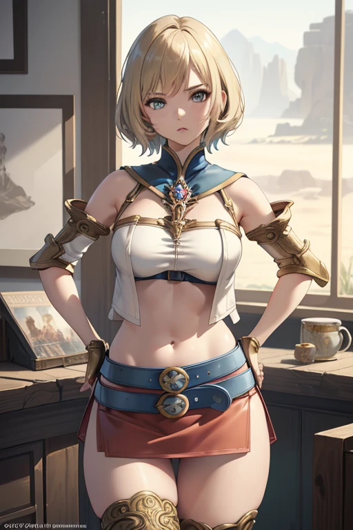 Cowboy Shot,(Golden Ratio,Tabletop, highest quality, highest quality, Official Art, beautifully、aesthetic:1.2), Very detailed, colorful,Best details,An illustration, Fantastic scene, (adult,19 years old,One Girl, alone, Final Fantasy 12,Asheria, short hair, short hair,Asheria Costume, huge , mini skirt,Knee socks, Thighs Thighs Thighs Thighs, gem, Blue Belt,One number on the belt),Course of action, Contemptuous look , Hands on hips、