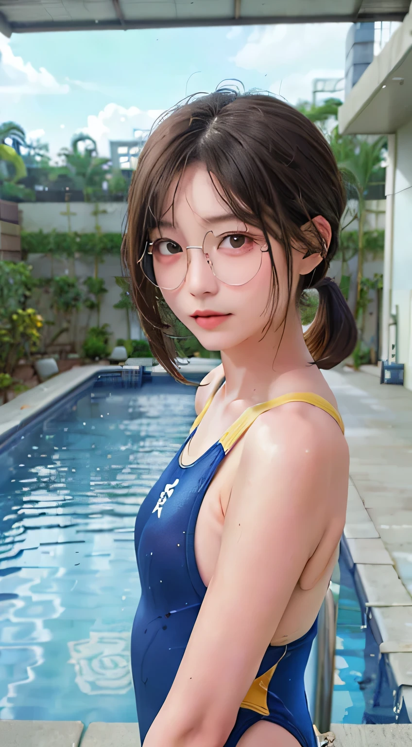 highest quality, RAW Photos, Realistic, face, Incredibly beautiful girl, cute, Long Hair,ponytail，Glasses，Written boundary depth, High resolution, Super detailed, detailed, Very detaileded, extremely detaileded eye and face, Sharp pupils, Realistic students, Sharp focus, Cinema Lighting, Japanese, Short women,  Physical build, Short arms, Long, narrow eyes, Fleeting atmosphere, 30 years old, Brown bob hair, ((thin lips)), White top and bottom underwear, Masterpiece, highest quality, Detailed skin, Detailed face, Fine grain, 8k, Excellent anatomy, Upper body portrait，flat breasts, small breasts, small,( small bust: 1.2), small bust, (slim, small, flat, small), thin, Delicate and sexy collarbone, One Girl, (Beautiful girl, Delicate girl:1.3), (:1.3),
break, (One piece swimsuit, Swimsuit:1.2),
break, (Pool:1.3),
break, Very beautiful eyes, (Symmetrical eyes:1.3),
break, , Brown eyes, Parted bangs, Brown Hair, (Upper teeth, The best smile:0.2),
break, (Eyes and face detail:1.0),
break, (masterpiece, highest quality, Super detailed, Detailed face, 8k)