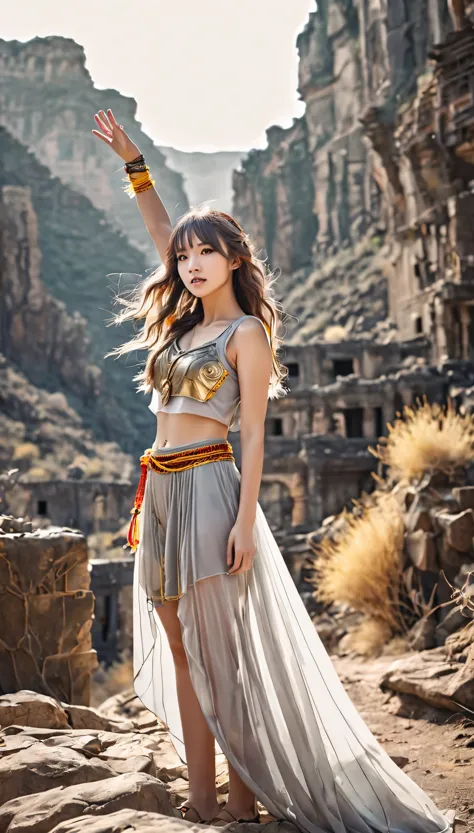 Bright Shot:1.3)A lone girl raider dressed in a spectacular realistic costume、Standing triumphantly with one hand raised、Her yel...