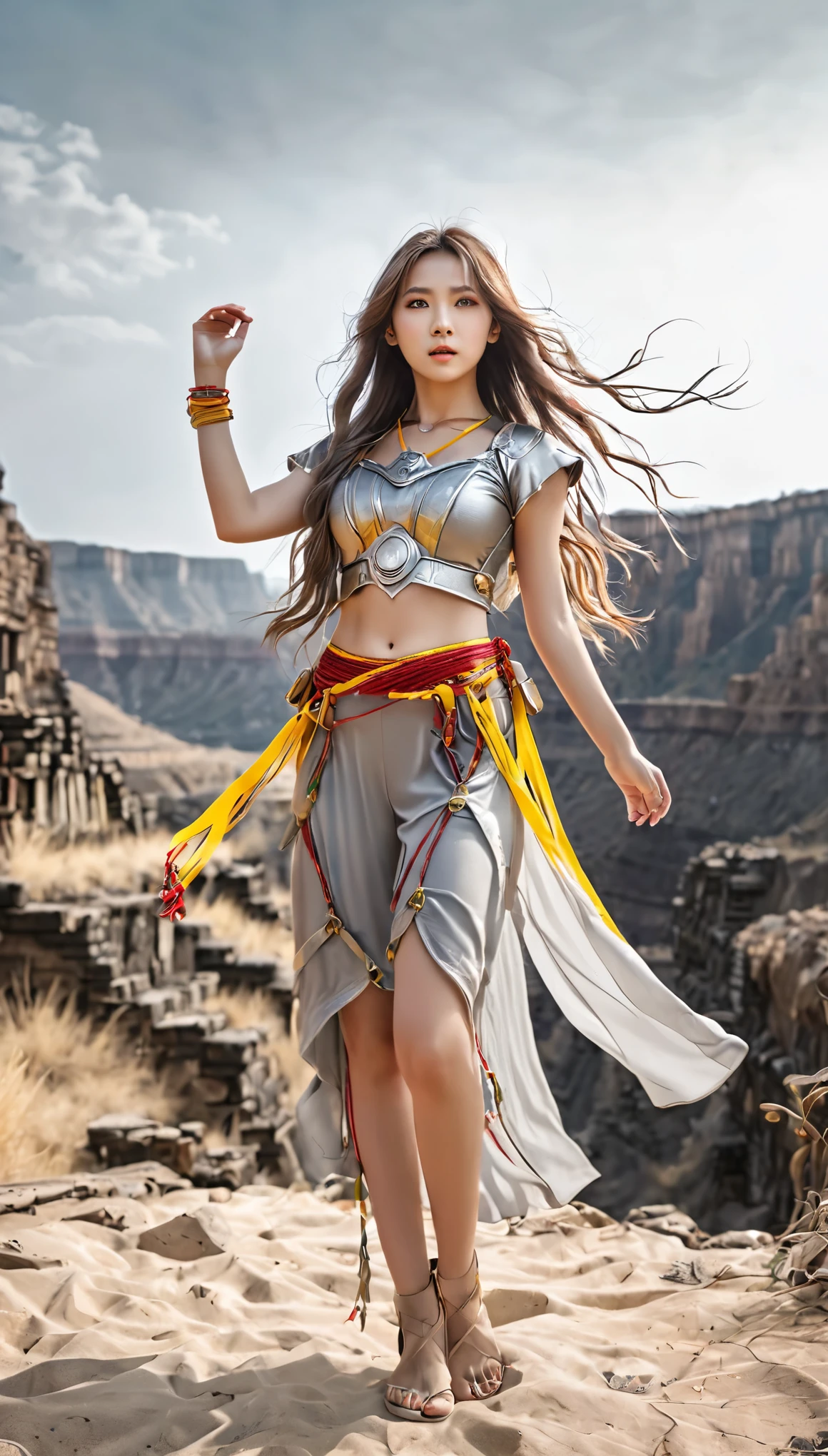 Bright Shot:1.3)A lone girl raider dressed in a spectacular realistic costume、Standing triumphantly with one hand raised、Her yellow eyes shine in the soft film light。Light grey non-transparent short sleeve top、It features an intricate design and transparent fabric at the waist.、You can see the red string strap.。Her long wavy hair cascading down her back、Fluttering in the wind。Aesthetically speaking、The scene is set in a wasteland and a canyon.、In the background there are ruins and n ruins。Bright shots、Adobe Lightroom、HDR、and enhanced using darkroom techniques、Increasing complexity